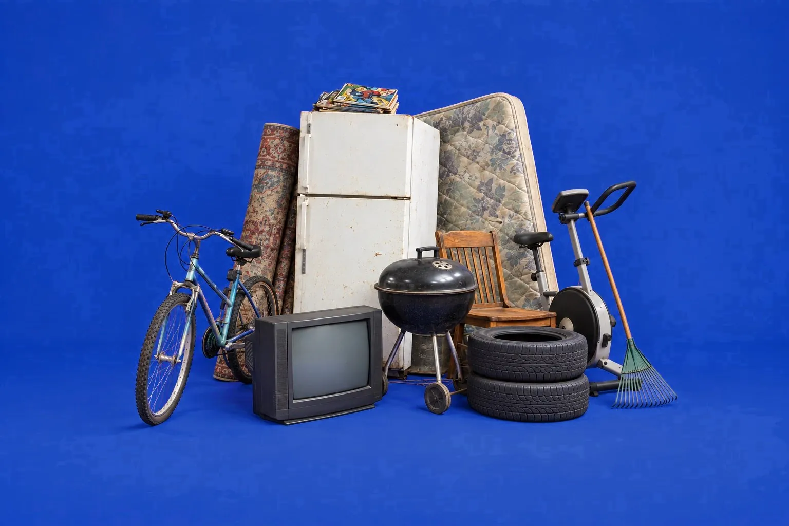 A heap of household junk: fridge, TV, mattress, bike, grill, tires, exercise bike, rug and comic books