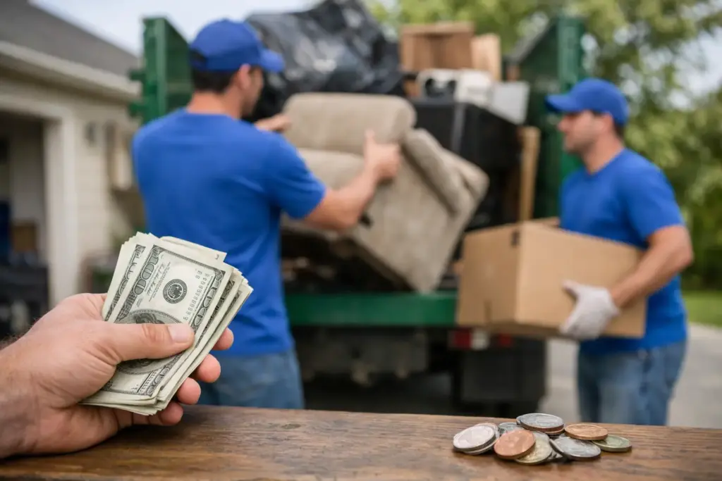 Junk removal workers loading furniture into a truck with cash and coins in foreground.